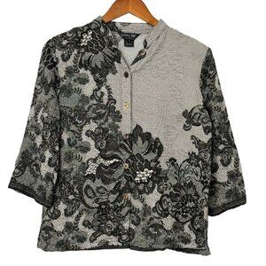 Citron Oriental Love Silk Blend Blouse Lace Like Print Black Gray 3/4 Slv Size S